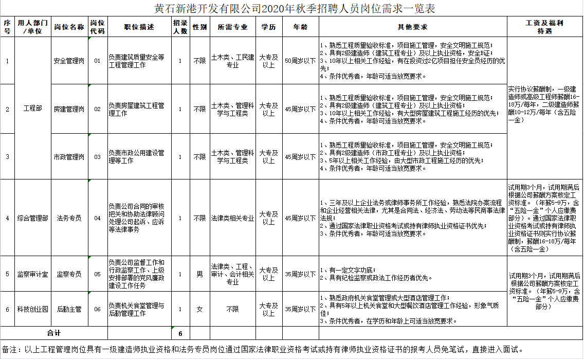 2020年黄石新港开发有限公司秋季招聘人员6人公告